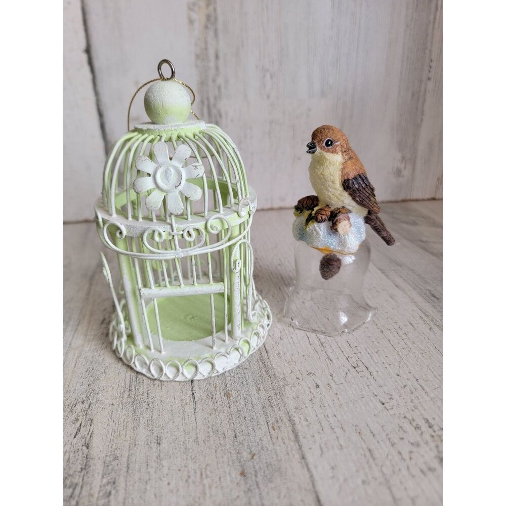 Vintage bird bell cage pinecone ornament Xmas set woods